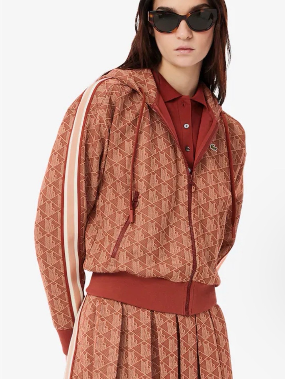 Lacoste Women’s Rust Jacquard Zip-Up Hooded Jacket